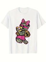 200gのコットンTシャツで、色は白、前面にクマの漫画がプリントされています。 クマの頭にはピンクのリボンと白いドット、顔にはピンクのアイマスク、ピンクのワンピース、右手にはドルマークが描かれた茶色のマネーバッグを持っています。