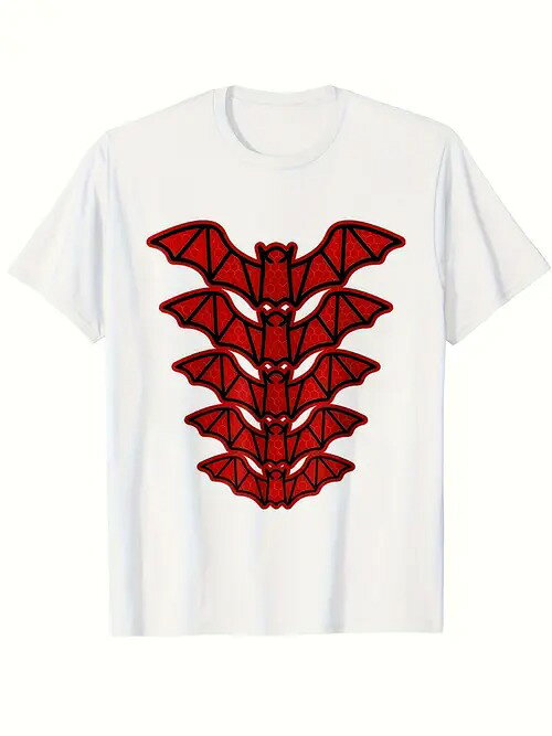 フロントに5匹の赤いコウモリがプリントされた200gのコットン製Tシャツで、コウモリは縦列に配置され、..