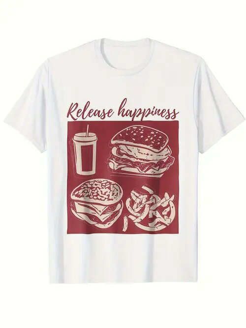 200gのコットン製Tシャツで、白地に赤のプリントとテキストが前面に施されている。 上部には手書き風の文字があり、その下には赤地にドリンク、ハンバーガー、ポテト、サンドイッチのような食べ物が描かれている。