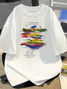 200gの白い半袖Tシャツにカラフルなインク模様と黒い文字。ピュアコットンを使用しているので、着心地がよく、通気性に優れています。(4)