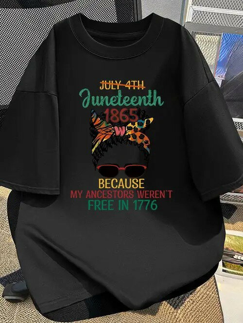 200gの黒い半袖Tシャツ。フロントにカラフルなテキストがプリントされ、カラフルなヘアバンドとサング
