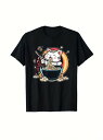 200gのコットン製Tシャツは、黒いTシャツに楽しそうにラーメンを食べるキュートな猫が描かれ、背景には太陽や雲などの要素が描かれている。