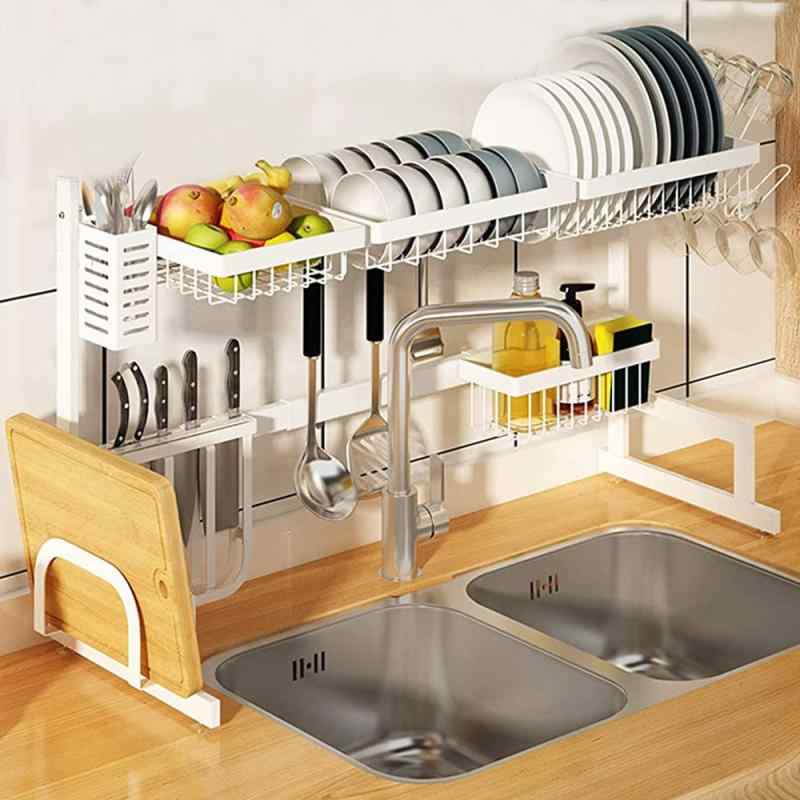 水切りラック シンク上 伸縮 白 食器 水切り つっぱり棚 シンク上のスペースを節約棚 台所用品ホルダ ..