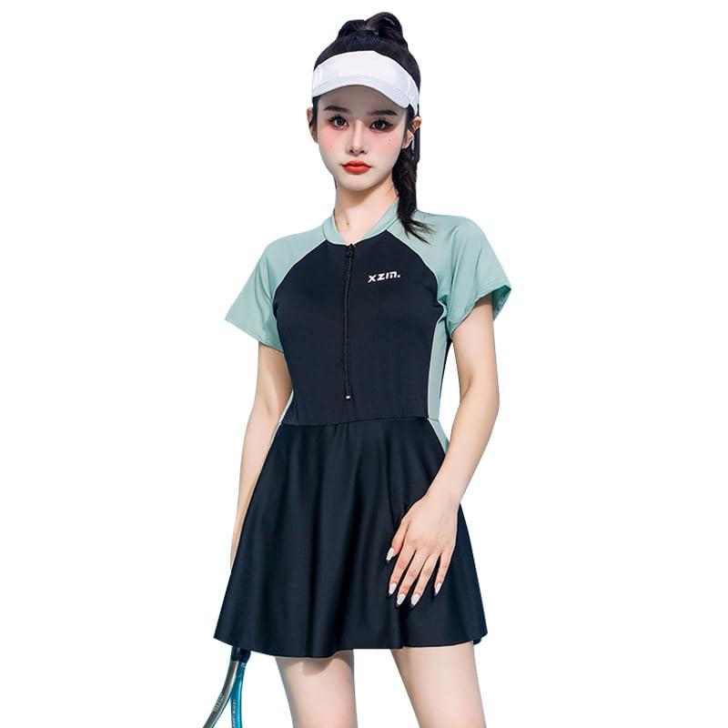[Bwgoroku] フィットネス水着 ワンピース レディース 水着 半袖ラッシュガード 体型カバー 前開き パッド付き ショーツ 露出控えめ 水陸両用 伸縮 速乾性 スポーツ風 高校生 学生 競泳 練習用