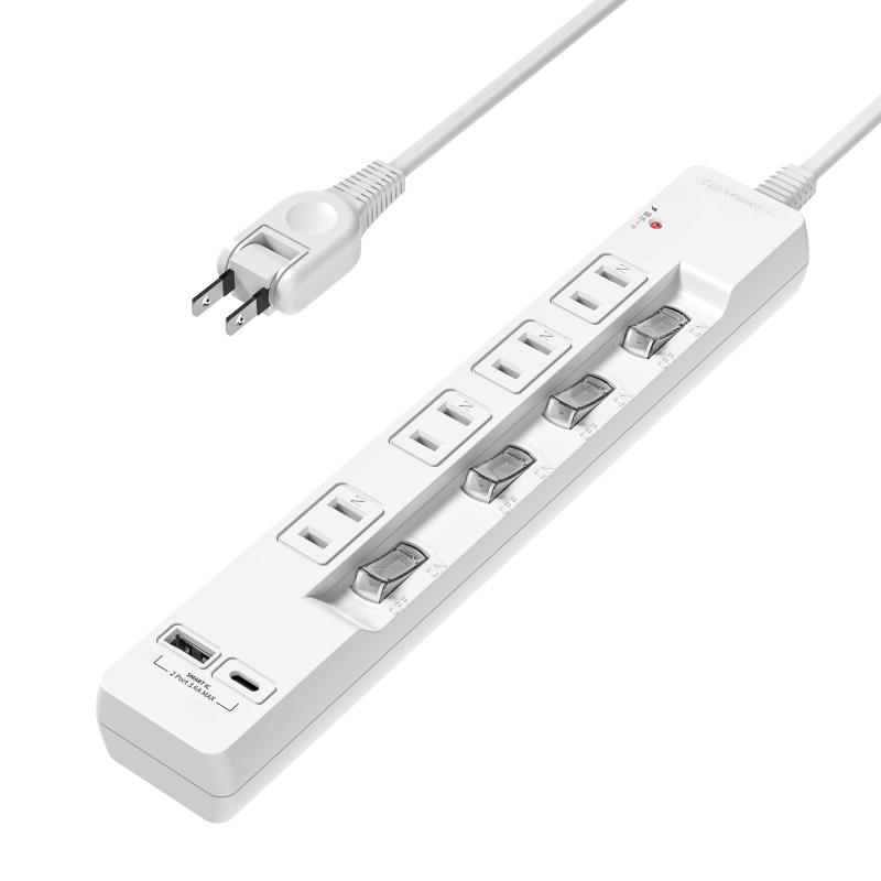 エムサイン Mscien 電源タップ usb 延長コード 4個AC差込口 2個USBポート（1個usb-c 1個usb-a）たこあしコンセント 雷ガード usb コンセント 個別スイッチ付き 壁掛け テーブル マルチタップ ほこり