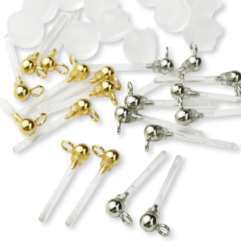 ピアス パーツ 樹脂 3mm 丸玉 カン付き キャッチ付き アレルギーフリー ゴールド シルバー 2色10ペア20個 セットカン付きボール・丸玉ピアスパーツとキャッチのセットです。ポストの本体は樹脂製で、アレルギー対応のピアスパーツです。品物は全て新品で、「アウトレット」シールが貼られるものを販売しておりません。素材：樹脂、サージカルステンレス　　個数：10ペア20個　　カラー：2色（ゴールド、シルバー）　　サイズ：全長約13mm樹脂製のピアスポストにカン付きの3mmステンレス丸玉を加えて作っております。お店で売っている可愛いピアスもアレルギーで付けられなくても、このピアスパーツでリメイクすればご使用になれます。手作り・ハンドメイドの手芸材料として、作り方・使い方は簡単で、カン部分にお好みのパーツを取り付けるだけでオリジナルピアスが手作りできちゃいます。プレーンなパーツだから、繊細なデザインもゴージャスなデザインも自由自在流行の揺れるモチーフにもピッタリです。同じ商品でも入荷時期等により、サイズ・色調・メッキ等の仕様に若干の変更・個体差がある場合がございます。照明・モニターの関係上、多少お色味が変わる事がございます。 丸カンの開くものが含まれる場合がございます。加工するとき、ペンチなどでカンを締めばよいです。