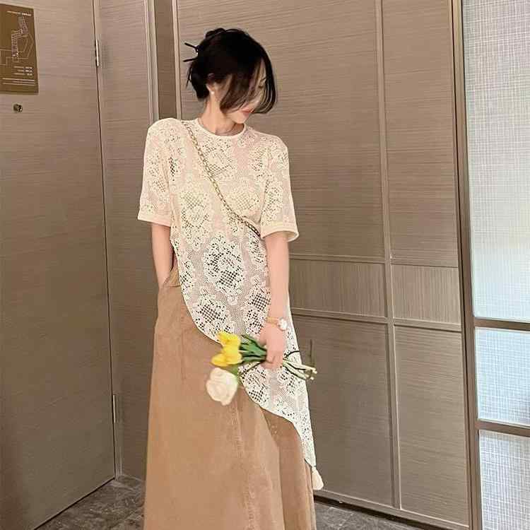 Tシャツ 女性用 春夏 白色 丸首 長袖 ルーズフィット ミドル丈 レース 切り替え 透け感 レイヤード スリム効果 スタイリッシュ トップス 私服 レイヤリング ゆったり 涼しい ポリエステル 紡績繊維 シンプル トレンド 御姐風 コーディネート 軽量
