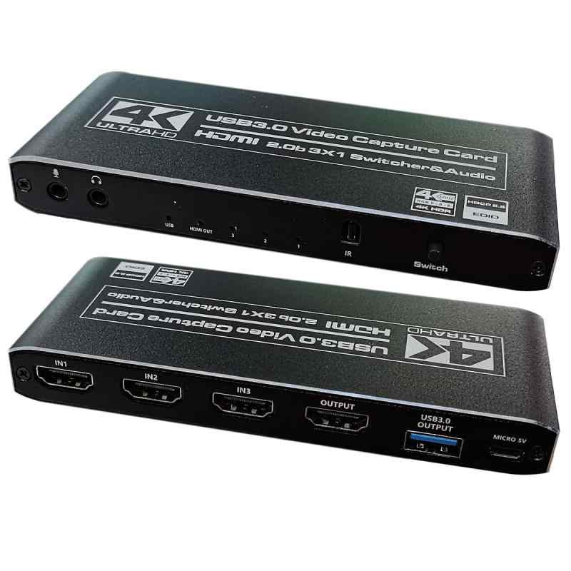 hdmi 切替器 3入力2出力 4K60Hz HDR HDMI2.0対応 hdmi 音声分離器 USB3.0出力 ライブ配信/録画対応 日本語取扱説明書付属【4K60Hz高解像度・HDR対応】：本製品はHDMI2.0およびHDCP2.2準拠の高性能HDMI切替器・キャプチャーデバイスです。入力・出力ともに4K@60HzとHDR映像に対応し、美しい色彩と滑らかな映像をそのまま表示可能。一般的なUSBキャプチャーデバイスが1080P止まりなのに対し、パススルー出力は4K60Hz対応で、高画質を維持しながら同時配信が可能です。【ワンタッチ切替・配線不要】：3入力2出力構成＋USB3.0搭載により、複数のゲーム機や映像ソースを1台で管理可能。前面の切替ボタンを押すだけで簡単に信号源を切り替えられ、ケーブルの抜き差し不要。また、3.5mmイヤホン＆マイク端子も搭載しており、配信中の音声入出力も柔軟に対応します。【ドライバ不要で即使用】：ドライバやソフトのインストール不要で、USB接続するだけですぐに使えるプラグ＆プレイ設計。モニターで4K高画質を確認しつつ、PC側に1080Pで同時キャプチャーできるため、リアルタイムなライブ配信に最適です。【幅広いデバイスに対応】：PS5/PS4、Nintendo Switch、Xbox Series X/S、PC、カメラなどHDMI出力対応機器すべてに対応。モニターやテレビへの表示は4K60Hzで行いながら、YouTube・Twitch・OBS・Discordなど配信ソフトで1080P録画・配信が可能です。【製品仕様と解像度対応】HDMI規格：HDMI2.0、HDCP2.2準拠、HDMI入力：720P/1080P/2160P（最大60p）、HDR対応、HDMI出力：同上（パススルー）、USB3.0出力：最大2160P@30fps（HDR非対応）、配信＋録画＋ゲームを1台で快適に実現する、高性能キャプチャー・HDMI切替器一体型モデルです。【ご注意】：撮影環境や画面表示の違いにより、実物の色味やディテールが画像と若干異なる場合がございます。予めご了承ください。