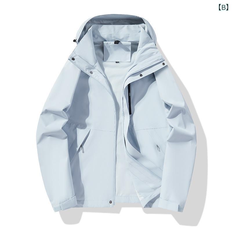 emulandのアウトドア ジャケット メンズ レディース 防水 防風 透気 登山 ハイキング トレッキング 春秋 冬用 コート フード 付き 取り外し可能 化繊 混紡 軽量 伸縮性 接触冷感 吸湿速乾 ブラック ネイビー グリーン パープル ピンク アイボリー ワイド｜アングル2