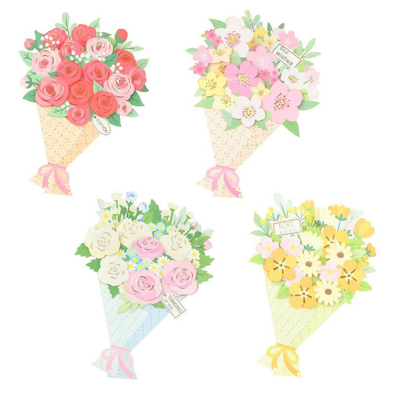 メッセージ カード + 封筒 4種セット ありがとう お祝いカード 花束 花 フラワー ブーケ 型 薔薇 ローズ グリーディング お祝い 祝福