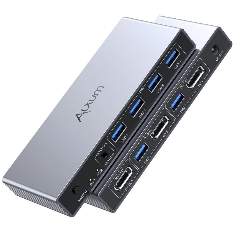 Alxum KVM切替器-USB A キーボード、マウス、モニターを共有 PC2台用 ドライバー不要 手元スイッチ&USBケーブル&電源アダプター付き