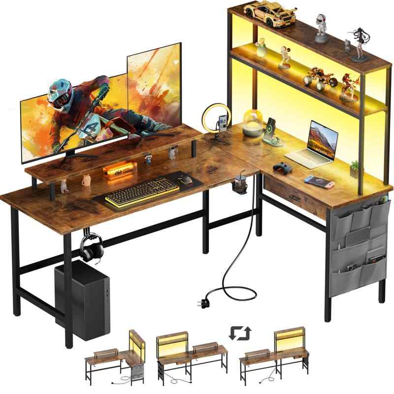 Other - HLFURNITURE パソコンデスク L字型ゲーミングデスク LEDライト付きコンピューターテーブル 幅150cm コンセント付き、引き出し、収納棚、収納袋、およびディスプレイスタンドゲーミング作業机