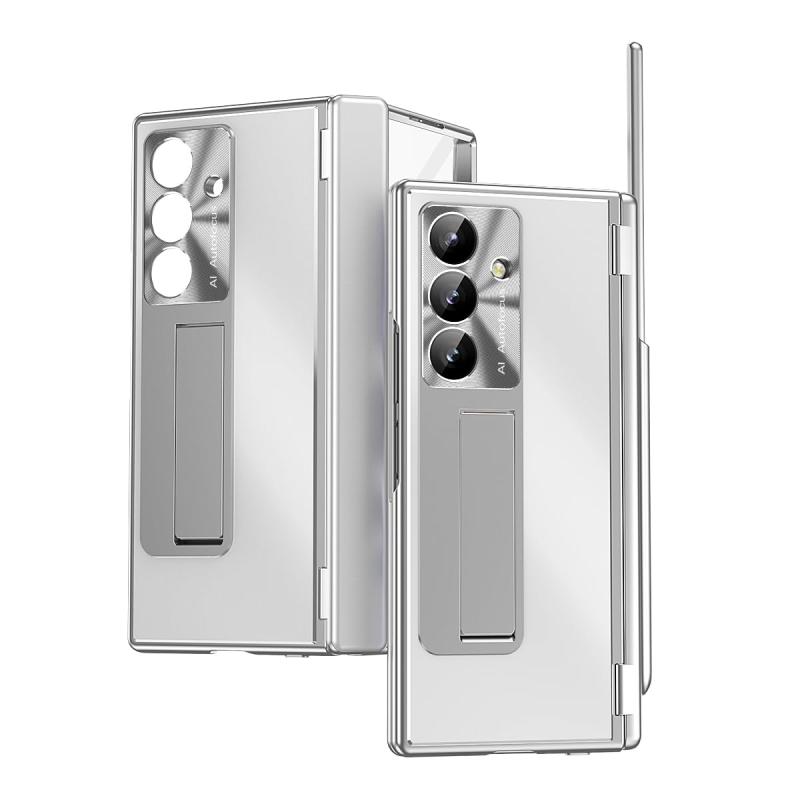 Galaxy Z Fold7 専用 アルミ合金強化枠 ペン収納&スタンド付き 手帳型ケース ヒンジ保護蓋 一体型強化ガラス膜 360度全方位防御 金属レンズ保護カバー マット加工 - 全铝合金