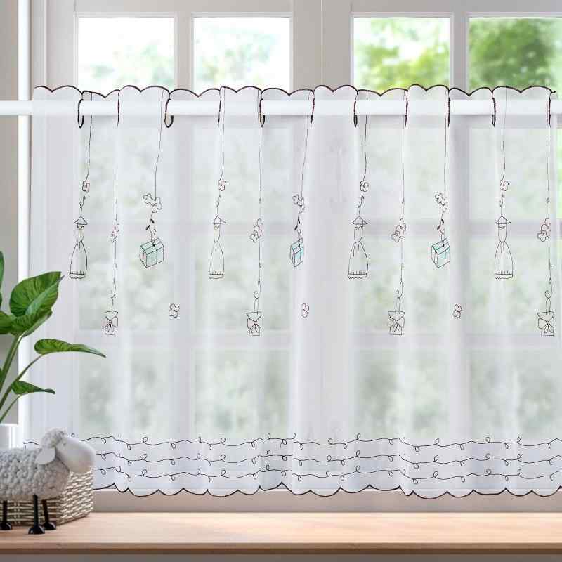 AooHome カフェカーテン 60cm・80cm丈 小窓 お風呂 目隠し 間仕切り 通気 高級スラブ布製 かわいい花柄刺繍 ミニカーテン 取り付け簡単