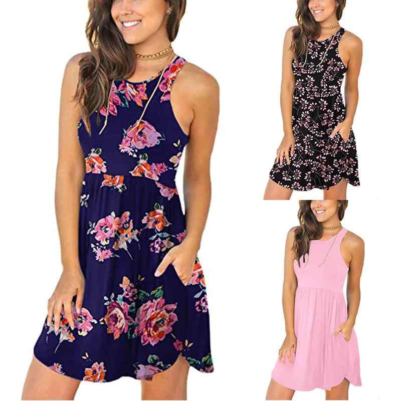 Retro-pical print sleeveless dress, A-line dress, knee-length dress, A-line midi dress