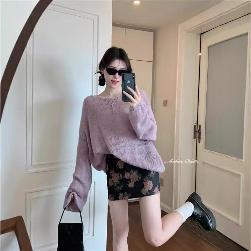 トップス スカート セットアップ レディース Vネック 長袖 ゆるニット 花柄 デニム ミニスカート カジュアル 春秋 普段使い デニムスカートセットアップ