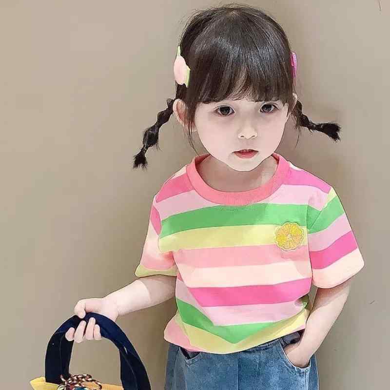 女の子 Tシャツ トップス かわいい 甘め 短袖 綿 吸汗 条紋 花柄 ピンク グリーン ブルー オールシーズン 百搭 普段使い 部屋着