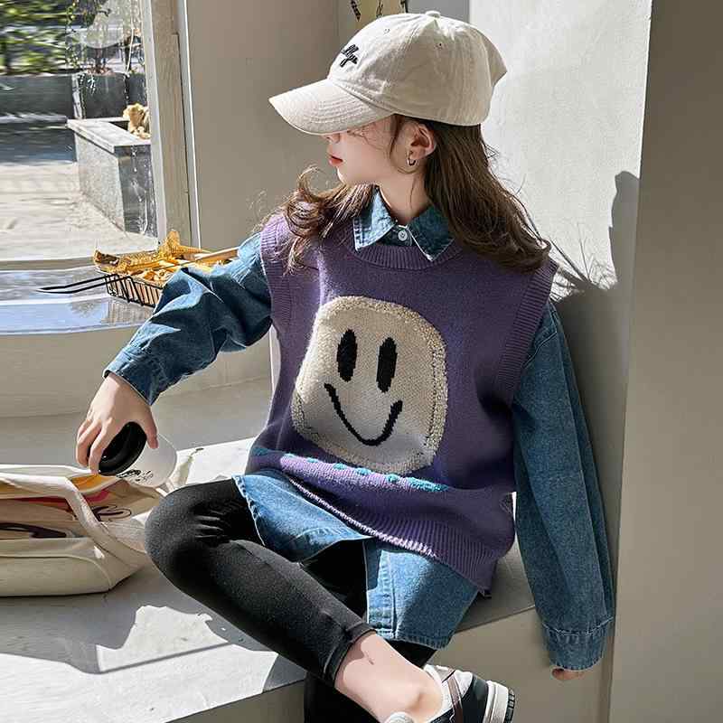 キッズ 女の子 春秋 トップス セット 長袖 牛仔 シャツ 開きニット ベスト コット...