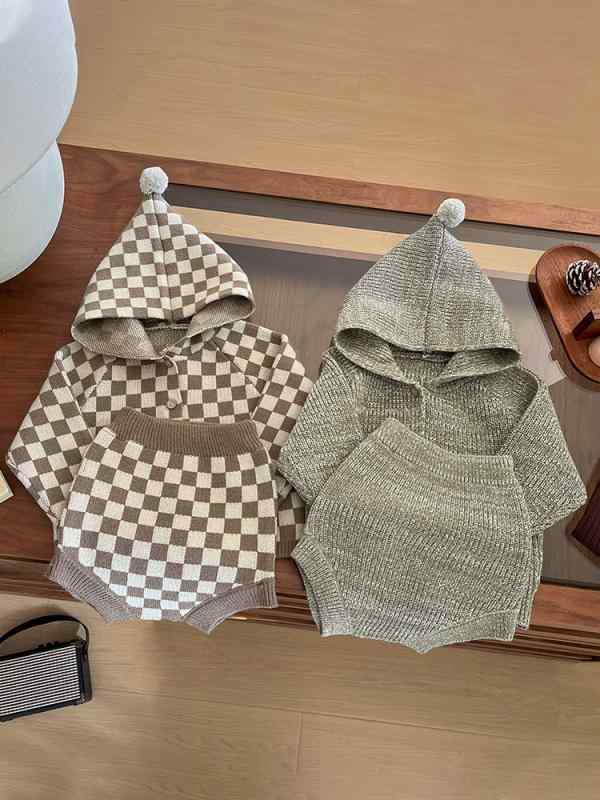 羊毛衫 - ベビー服 男女兼用 春秋 セットアップ 長袖 ニット カーディガン 背広パンツ 2点セット 柔らかい 綿混 格子柄 グリーン チェック 純色 ユニセックス インファント コットン ブレンド 軽量 伸縮性 日常使い