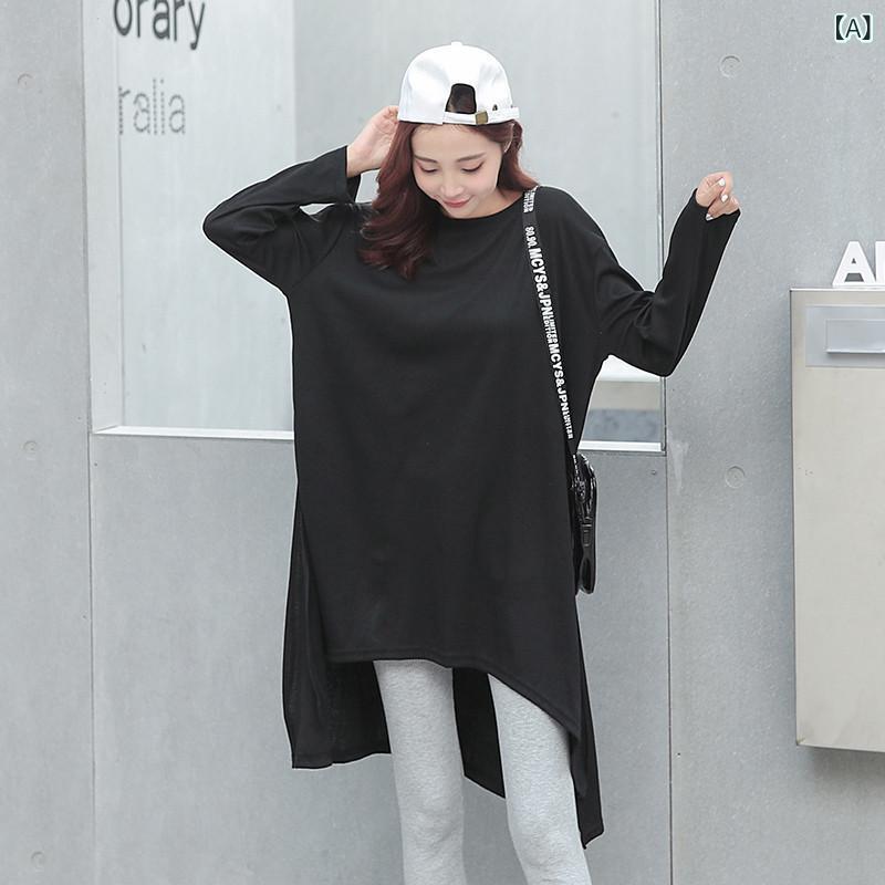 Tシャツ レディース 長袖 丸首 ゆったり 長め アシンメトリー インナー コットン 混紡 無地 バットスリーブ 気質 通勤 都市風 快適 ゆったりシルエット 黒 浅灰 白