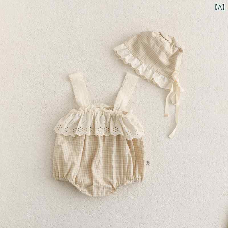 ベビー 連体服 女の子 男の子 花柄 格子柄 吊り下げ ワンピース 背心 無袖 プリンセス デザイン 外出着 綿 混紡 杏色 ブルー 春夏 秋冬 オールシーズン 軽量 通気性 かわいい 柔らかい 肌触り 日常使い 室内外 対応 ベビー服 クロール服 シン