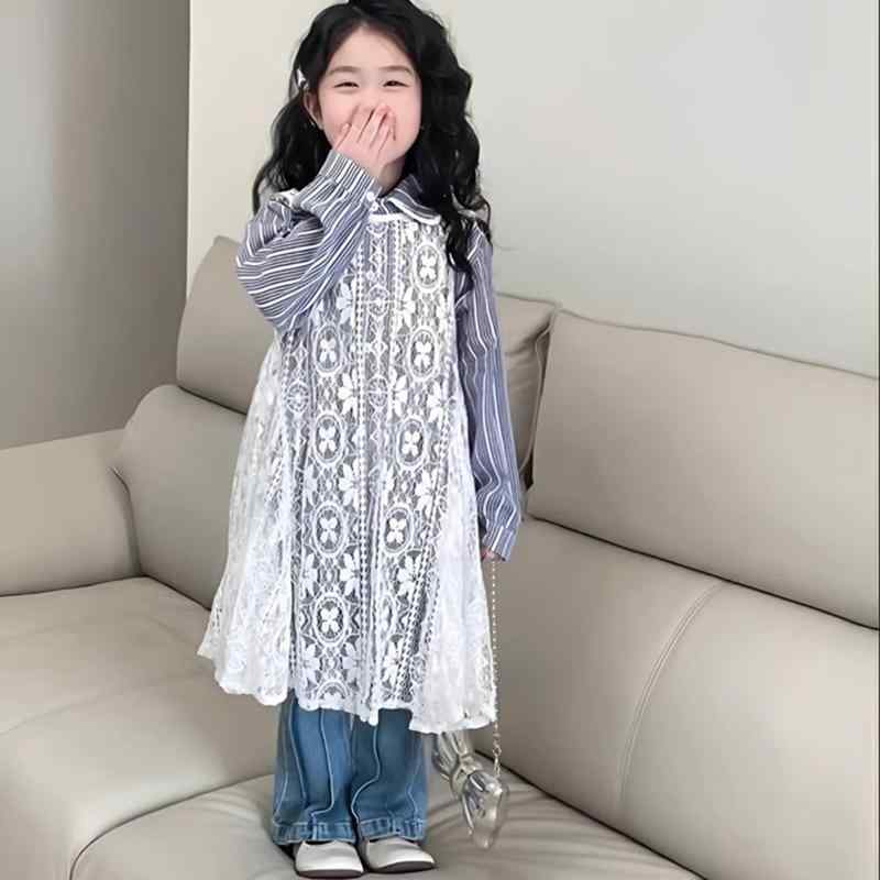 女の子 キッズ 3点セット 春 長袖 縦ストライプ シャツ コットン混紡 ポリエステル トップス 吊り帯 ワンピース レース デニム 牛仔パンツ セット 韓流 スタイル 日常 遊び着 条紋 パターン 普通厚 女児 服 ベビー 女の子 春服 長袖シャツ ス