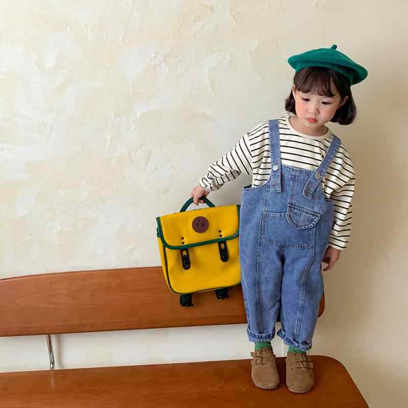 Back-strap pants for girls and boys, kids' clothing, spring and autumn, denim, long pants, unisex, cotton material, soft, enzyme washable, waist-high, button closure, safe, Grade B, ages 3, 4, 5, 6, 7, 8, sizes 100cm, 110cm, 120cm, 130cm, 140cm