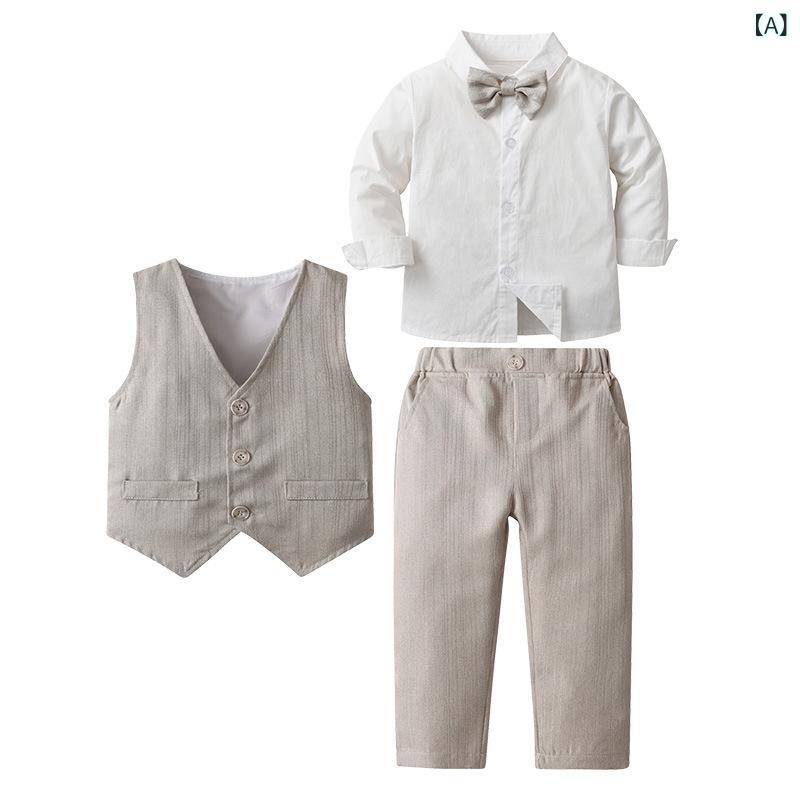男の子 服 春秋 3点セット 男児 セットアップ 長袖 長ズボン コットン 柔らかい 普通厚 ストライプ 蝶結び かわいい 銀灰 礼服 フォーマル ストリート 欧米風 3-8歳 100-140cm 通学 日常