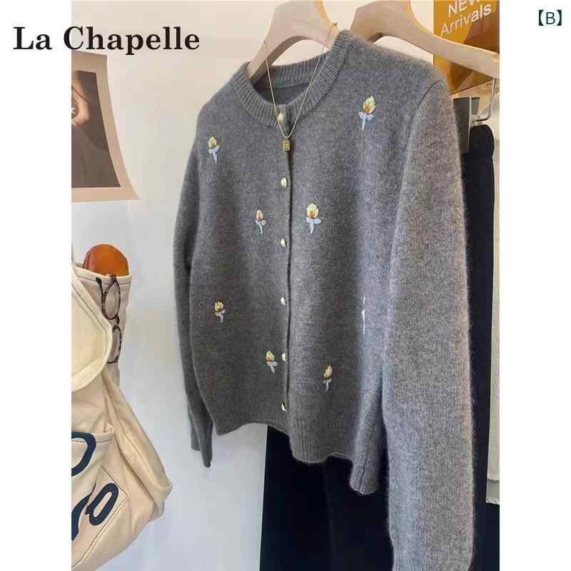 カーディガン レディース グレー ニット 刺繍 クルーネック ゆったり 秋冬 アウター フレンチスタイル 長袖 無地 カジュアル 大人かわいい オフィス 通学 シンプル 伸縮性 柔らかい 羽織り 上着 emuland-store-10639516 emuland サンプル画像3