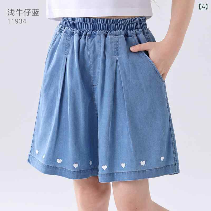 Girls' denim pants, shorts, wide-leg pants, sizes 140cm, 150cm, 160cm, 170cm, for ages 3, 4, 5, 6, 7, and 8. Casual, summer wear, everyday use, lightweight, stretchy, cotton, recycled fiber.