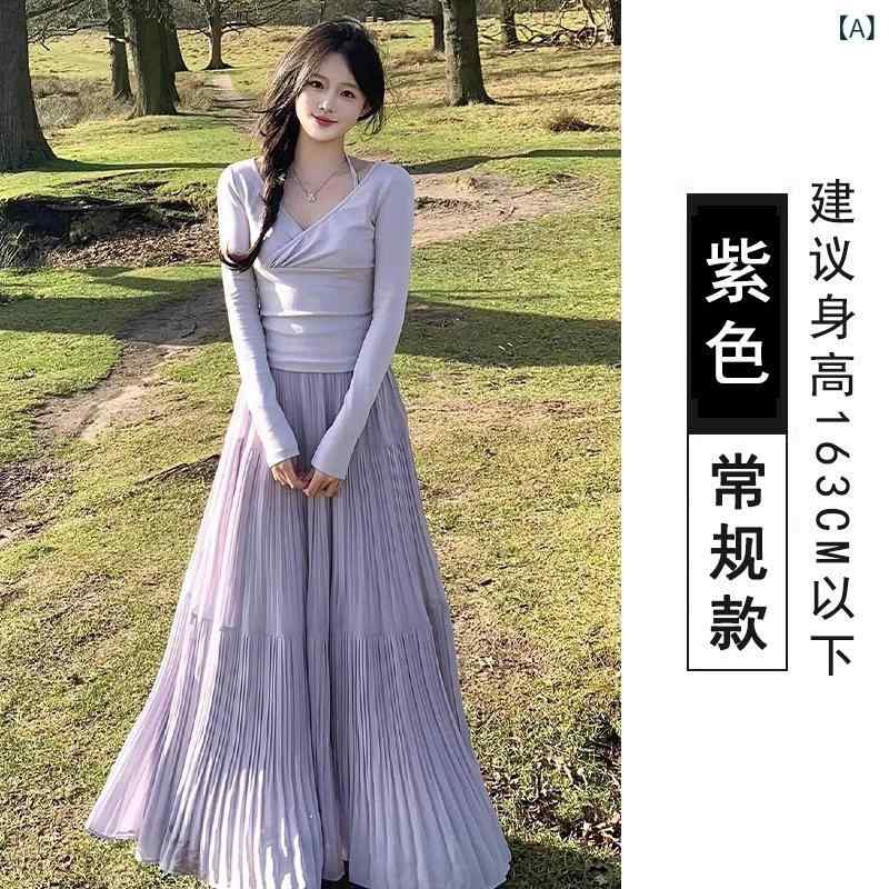 スカート 女性用 夏 紫 黒 白 雪纺素材 プリーツ 高腰 Aライン 中長丈 ランダムプ...