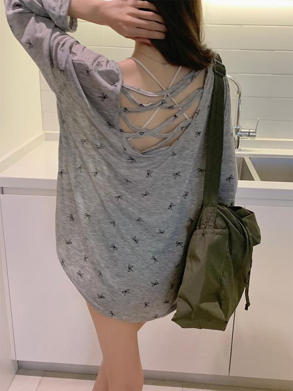 ・カテゴリ: Tシャツ・スタイル: 通勤・版型: 修身型・衣長: 普通款・ネックライン: クルーネック・袖丈: 長袖・流行要素: リボン・カラー展開: グレー、ホワイト・サイズ展開: S、M、L、XL・主素材: 90%（含）-95%（不含）