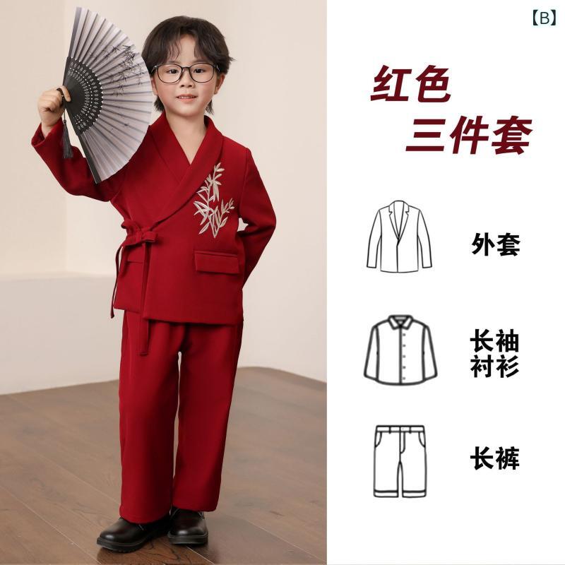 男の子 キッズ チャイナ服 セット 刺繍 デザイン 古風 唐装 スタイル 英倫風 長袖 外套 シャツ 長ズボン 柔らかい ポリエステル 素材 黒 赤 カラー 春 秋 シーズン 3-8歳 100-140cm 対応 フォーマル 演出 普段使い セットアップ - 3