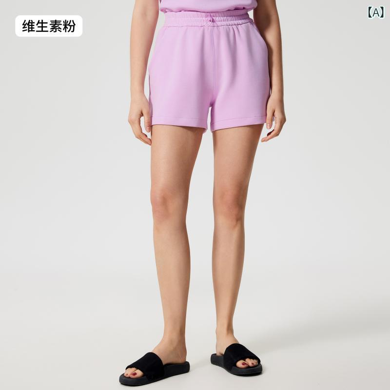 レディース ショーツ ヨガ 夏 透気 高腰 抽绳 ワイドシルエット コットン混紡 ポリエステル コットン ランニング フィットネス ジム ブルー グレー ホワイト ピンク ブラック ゆったり