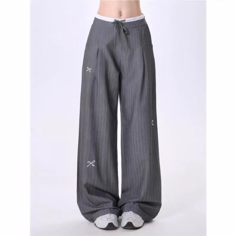 レディース ワイドパンツ 灰色 ストライプ 高腰 ストレートパンツ 軽熟スタイル 気質 通勤用 ファッション ポリエステル 涤纶 素材 長丈 百搭 スリム効果 夏 2025 季節 実用 日常使い 女性 18-24歳向け 人気 デザイン