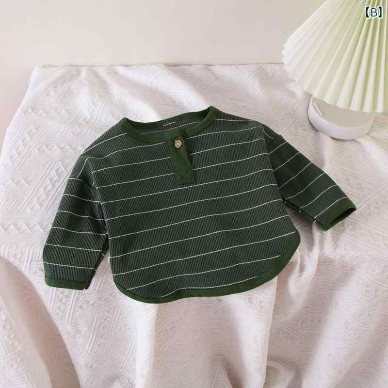 emulandのキッズ 男女用 丸首 開胸 コットン 混紡 長袖 トップス 打底 シャツ 素色 条紋 ミックス 柔軟 素材 春秋 季節 ユニセックス 子供服 ミックスカラー 緑 アイボリー 伸縮性 吸湿 速乾 軽量 普段使い 3〜8歳 対応｜アングル3