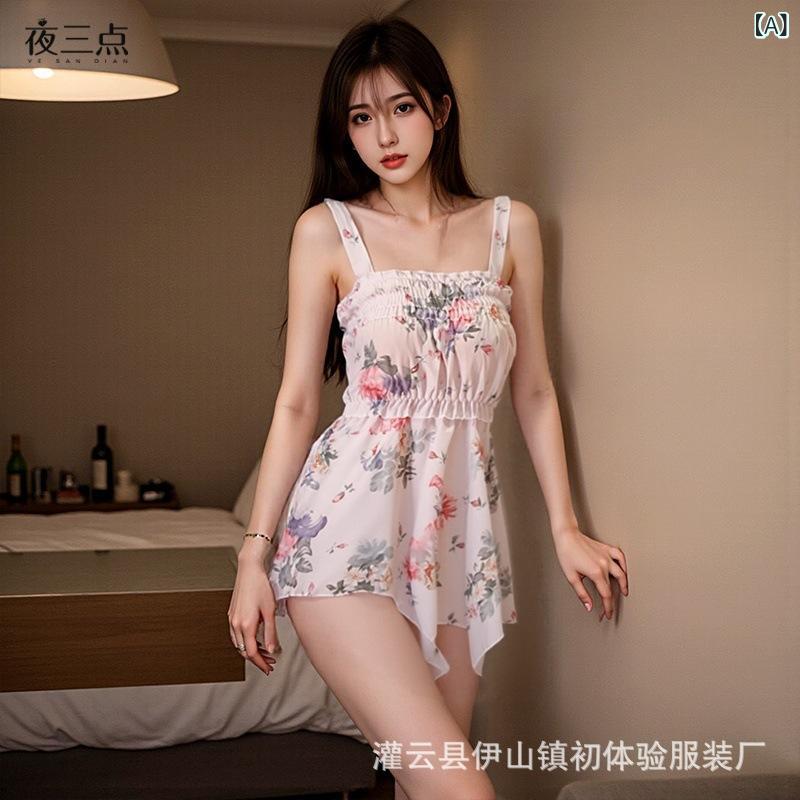 レディース ワンピース フレンチ フラワー プリント ガザー ストラップレス ドレス 情趣 ランジェリー セクシー ピュア デサイル ガーターベルト スカート ポリエステル 繊維 春季 女用 均一サイズ 袋装