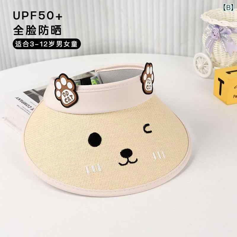 子供用 空頂帽子 夏用 麦わら帽子 草編み かわいい猫 刺繍 防晒 遮陽 大つば 透気 ...