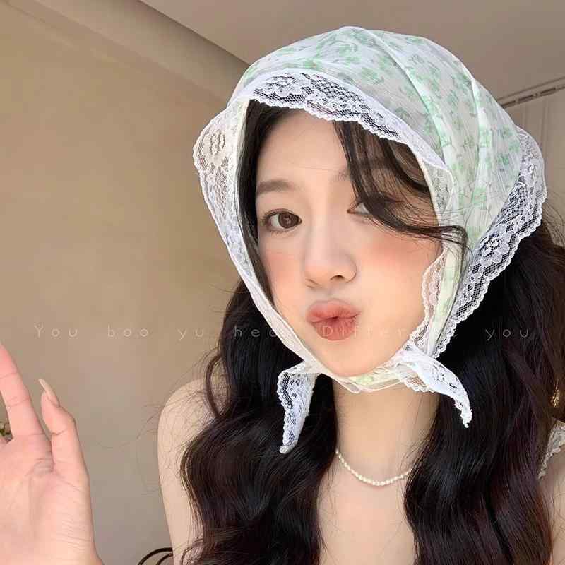 ・種類: 発箍、発带・スタイル: 女式・形状: 蝶結び・柄: 格紋・流行要素: 花辺・カラー展開: ブルー花蕾レース三角巾、ピンク花蕾レース三角巾、グリーン花蕾レース三角巾、パープル花蕾レース三角巾