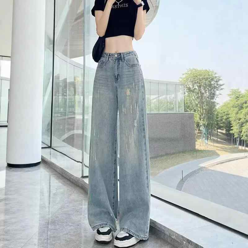 レトロダメージ加工デニムパンツ レディース ハイウエスト ゆるシルエット 着痩せ ワイドパンツ ベルボトム 2025春夏 デザイン性別注5春夏 デザイン感 tinggi 40-50% sutra es musim semi-sintetis casual