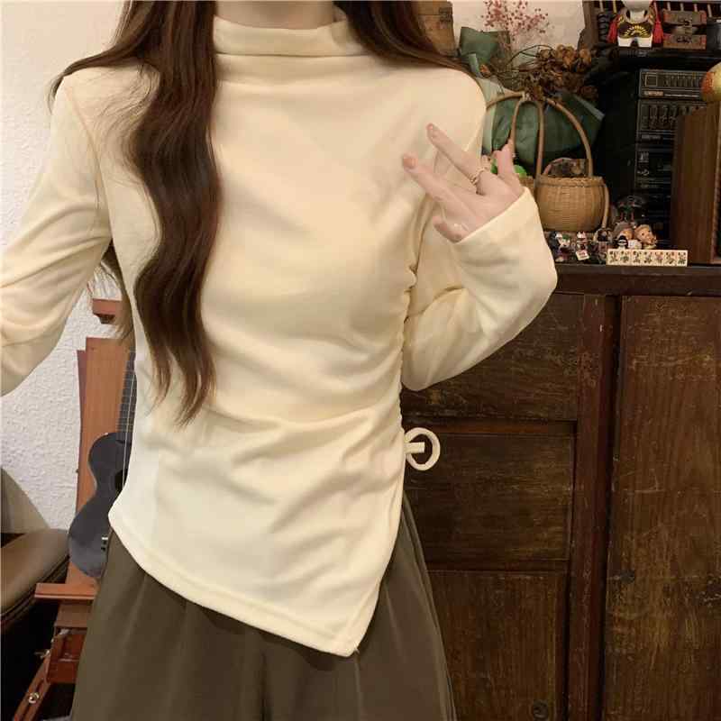 Tシャツ 女性用 半高領 修身 短め プリーツ 長袖 インナー トップス 切り替え ソリッドカラー ポリエステル 快適 春夏 杏色 ブラック ブラウン 韓国風 カジュアル