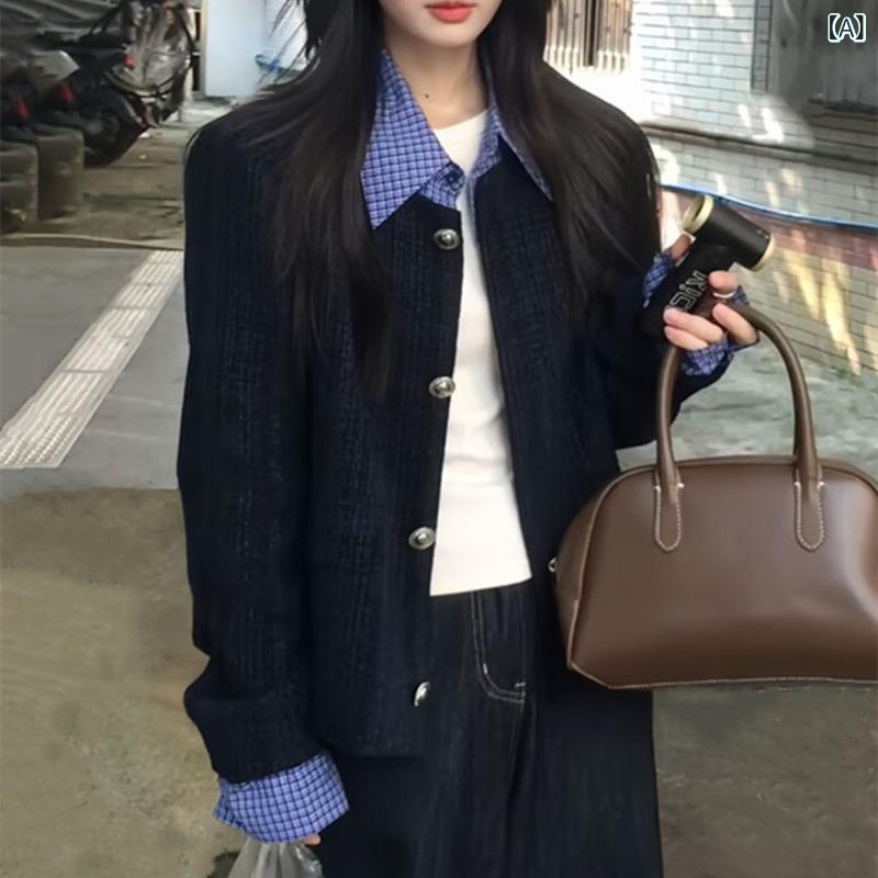 韓国 系の 偽の 2つの つなぎ 合わせの 襟の 小さい 香 風の コートの 女性の 秋の 新型の ゆったり して いる カジュアルな ショート ジャケットの 上着の ファッション