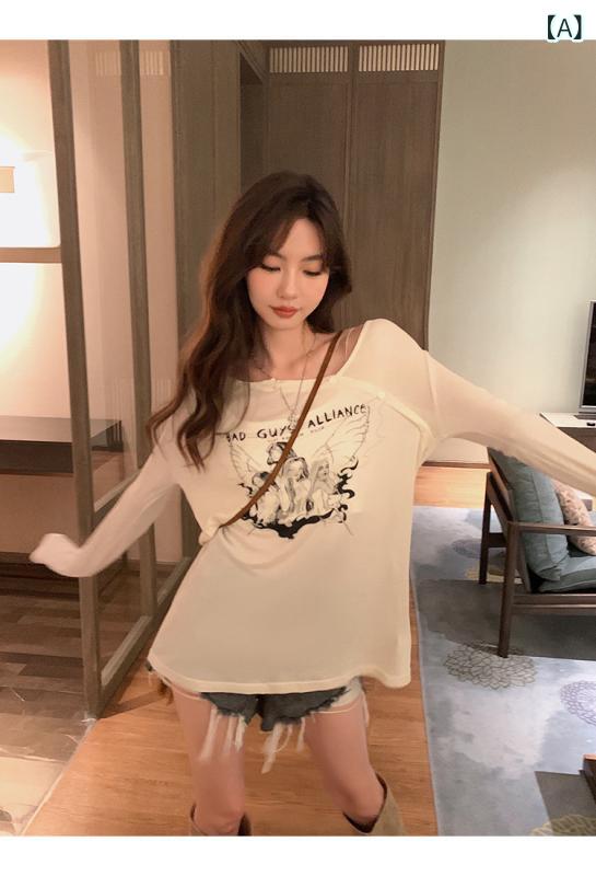 Tシャツ 女性用 長袖 夏 薄手 防晒 罩衫 復古 ゆったり 上衣 プリント 涼しい 綿混 ポリエステル 素材 杏色 グレー 斜め襟 ボタン セットアップ風 私服 甘辛 スタイル 気質 優雅 日常使い