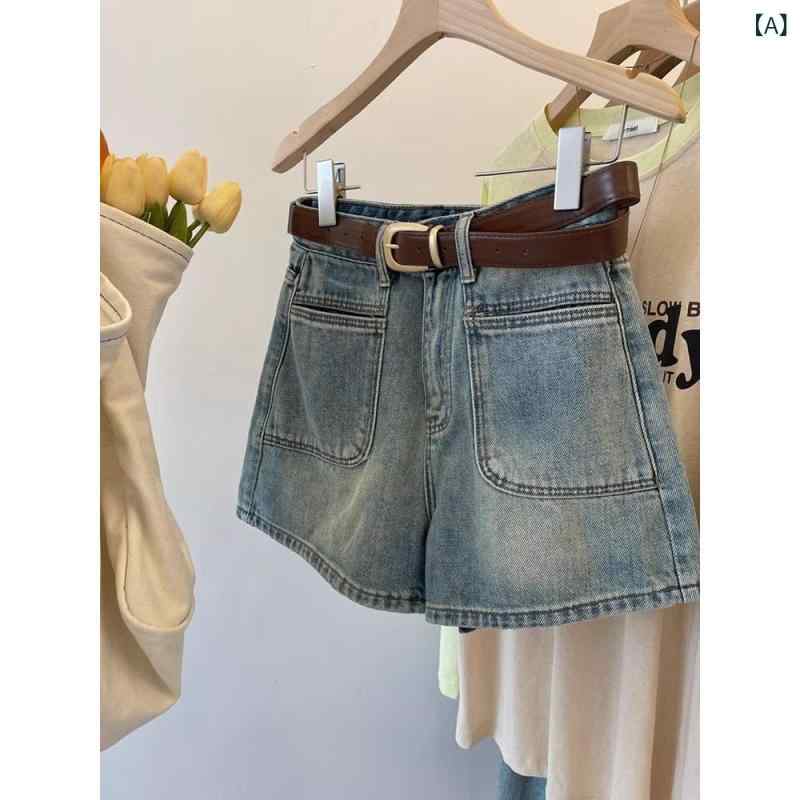 レディース デニム ショートパンツ 牛仔 復古 洗い加工 梨形身材 スリム 高腰 Aライン ワイドレッグ ストレート ホットパンツ コットン 中厚 微弾性 ヴィンテージ風 文学的 レトロ スタイル 通常着用 通勤 普段使い 春季 深青 復古青