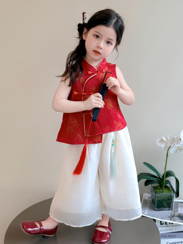 女の子 チャイナドレス セットアップ 夏 無袖 ワイドパンツ 薄手 柔らかい ポリエステル 赤 かわいい スタイリッシュ 3-8歳 女児 夏服 2点セット