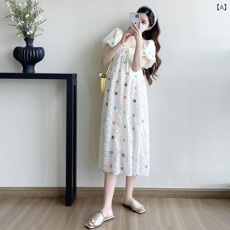 ワンピース マタニティ レディース ロング丈 半袖 刺繍 花柄 ゆったり 膝丈 妊婦服...