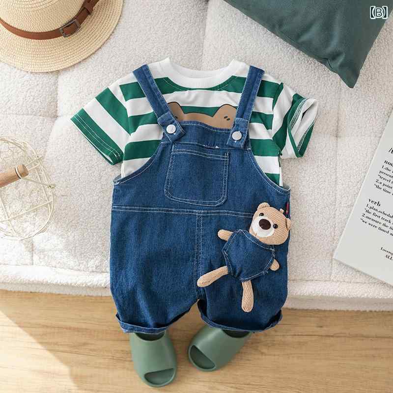 キッズ 男の子 女の子 夏服 背広パンツ 2点セット 韓国風 ストライプ 丸首 トップ...
