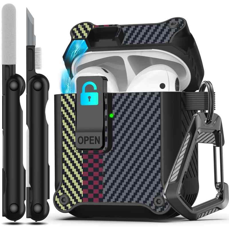 RFUNGUANGO Airpods 第 2 世代および第 1 世代保護ケース 安全ロッククリップ付き自動ポップアップ、キーチェーン付きフルボディ耐衝撃ハードケース (無料クリーニングツール) - カーボンファイ