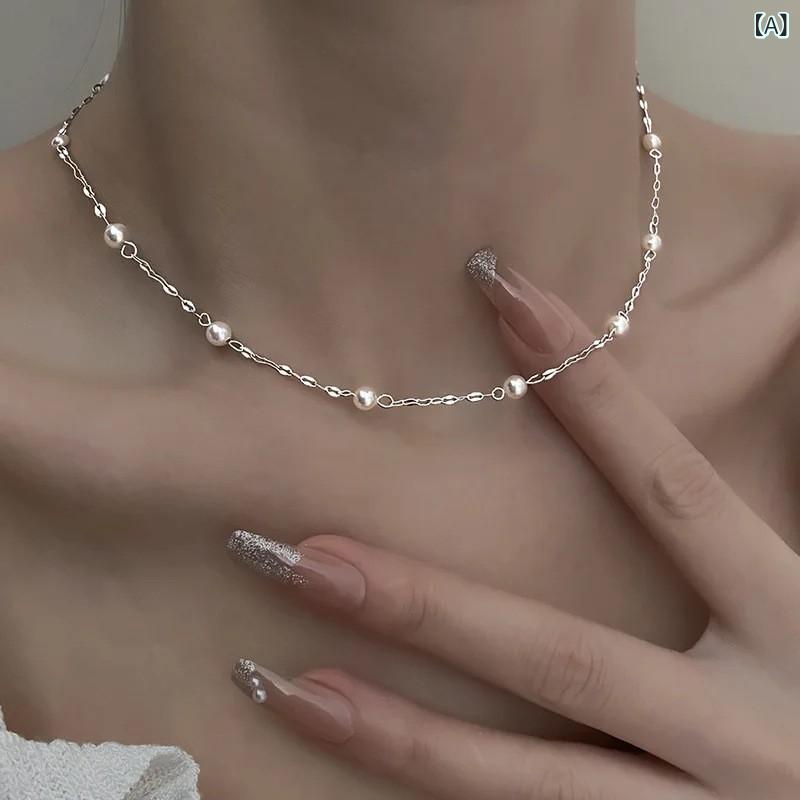 ネックレス 女性用 銀色 珍珠 不锈钢 鎖骨チェーン 軽量 幾何学デザイン 接触冷感 ...