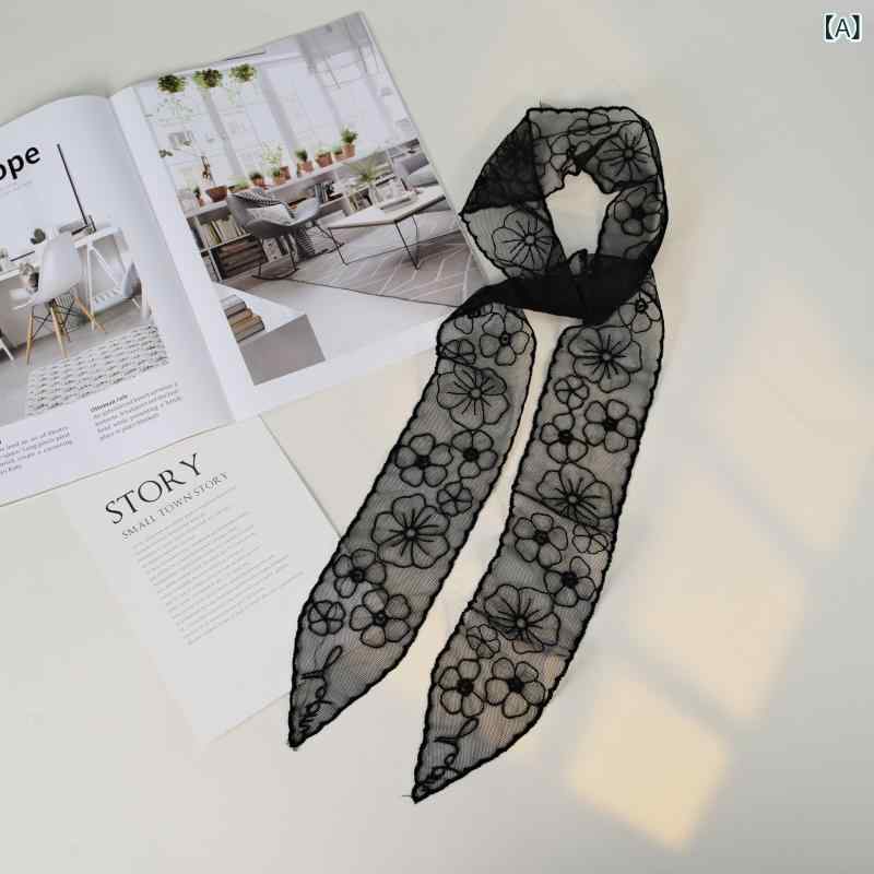 スカーフ レディース 春 復古 レース 刺繍 フリンジ 細長 ヘッドバンド ウエストベルト 長条 カメリア 花飾り 花柄 ネック スカーフ 薄手 小さめ シルク調 ポリエステル レース素材 植物モチーフ ブラック ホワイト ピンク グレー 春夏 軽量 通